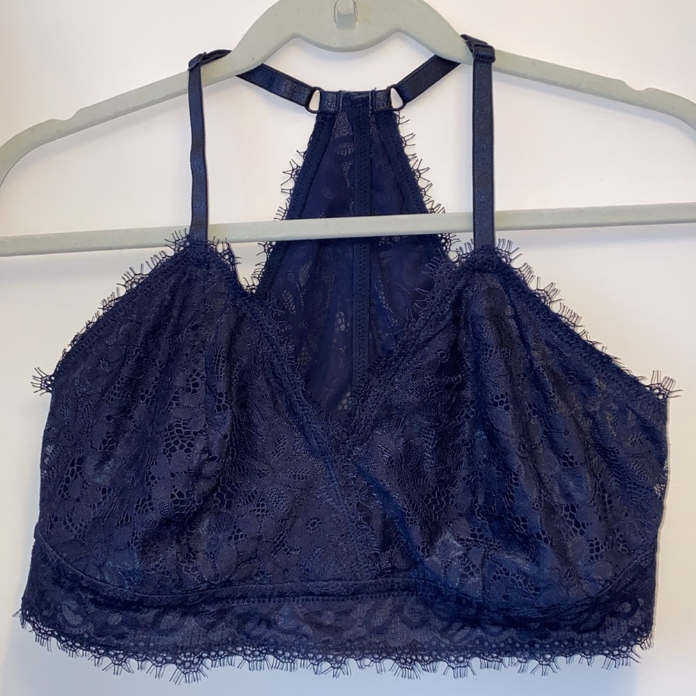 XL navy Aerie Racerback Bralette, Eyelash Lace Bra Adjustable Straps EUC 1X blue
